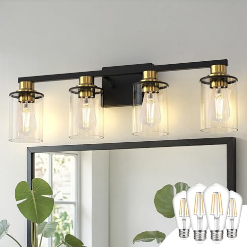 4 Light Black and Gold Bathroom Light Fixture with 4 Bulbs