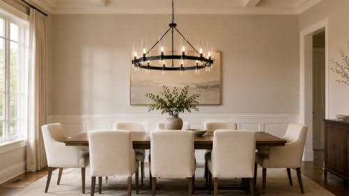 38 Inch Black Wagon Wheel Chandelier with Glass Shade