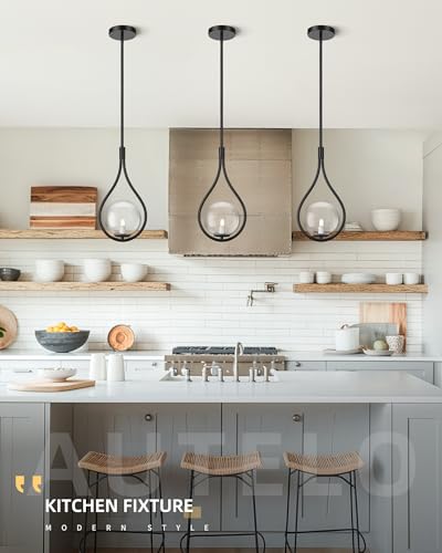 1 Light Black Pendant Lights Kitchen Island with Clear Globe Glass