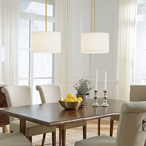 9" Dia White Linen Drum Shade Hanging Pendant Light Fixture with Polished Gold Pole Kit (2 Count)