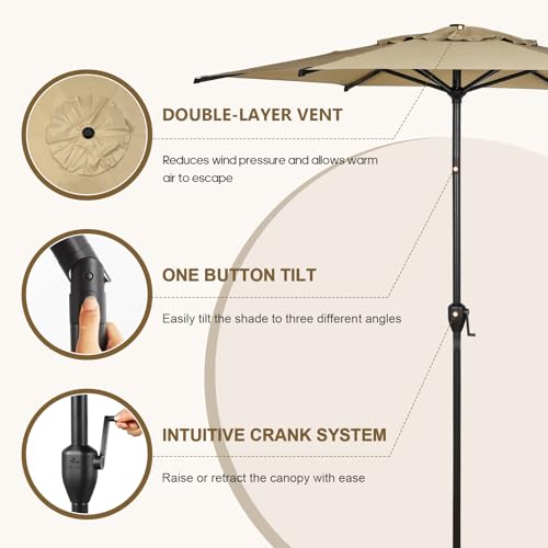 7.5FT Lyon Outdoor Patio Umbrella Outdoor Table Umbrella with Push Button Tilt and Crank Market Umbrella 6 Sturdy Ribs UV Protection Waterproof for Garden Deck Backyard Pool Tan