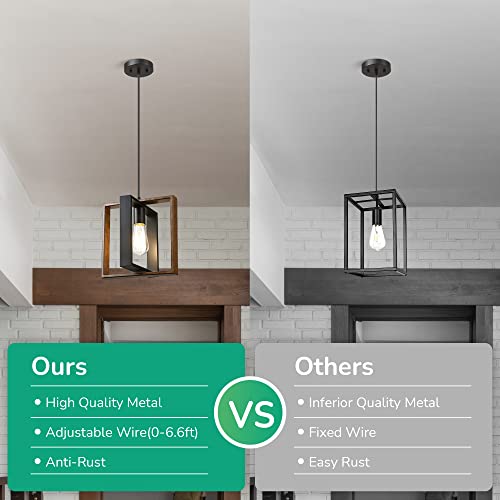 Farmhouse Pendant Light Wood Grain Finish Black Adjustable