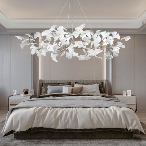Tree Branch Chandelier White Ceramic Ginkgo Leaf Chandeliers L47 Inch Brass Rectangle Chandelier Large Luxury Hanging Lights Fixture for Dining Room Living Room