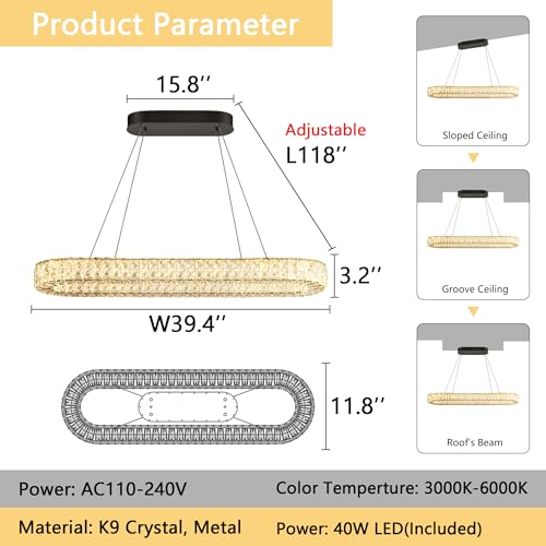 Oval Crystal Chandelier Modern Dimmable LED Chandeliers for Dining Room Rectangular Light Fixture with Remote for Living Room Kitchen Light Black