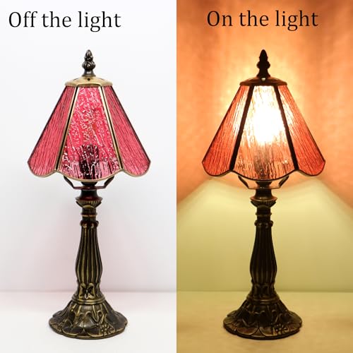 Small Tiffany Table Lamp Pink Bark Pattern Style Stained Glass Desk Lamps 6X6X14 Inch Bronze Resin Base Antique Mini Accent Light