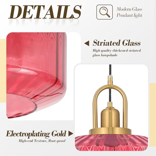 11.8in Mid Century Modern Pendant Light Gold Large Wine Red Glass