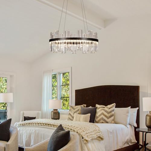 24" Black Round Modern Dimmable LED Crystal Chandelier with Remote