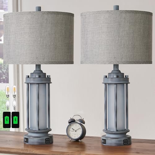 Set of 2 Rustic Table Lamps for Living Room with 2 USB C+A Ports (2 Count)