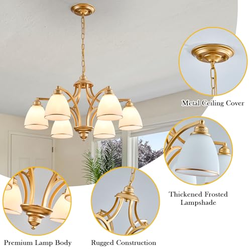 6 Light Modern Gold Chandelier with Frosted Glass Lampshade Height Adjustable Max 47" Hanging Ceilling Light for Dining Room Entryway Hallway Kitchen Foyer