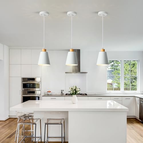 3 Pack Mini White Pendant Light for Kitchen Island Wood Pendant Lighting (3 Count)