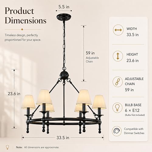 6 Lights W34in Vintage Matte Black Classic Lighting with White Pleated Fabric Chandeliers for Dining Room Mid Century Modern Large Round Ceiling Light for Classic Living Room