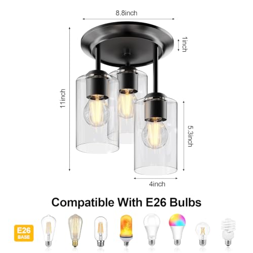 3 Lights Semi Flush Mount Ceiling Light Fixture Black for Kitchen (3 Count)