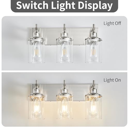 3 Light Brushed Nickel Bathroom Light Fixture Over Mirror Modern Bathroom Vanity Light Vintage Wall Lighting with Clear Glass Shade for Bathroom (3 Count)