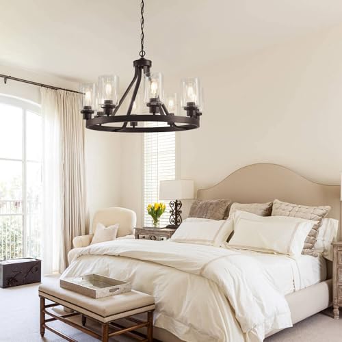 8 Light Farmhose Chandelier for Dining Room Light Fixture Oil Rubbed Bronze Kitchen Pendant Light Round Rustic Ceiling Hanging Lighting with Glass Globes Adjustable Height Metal E26