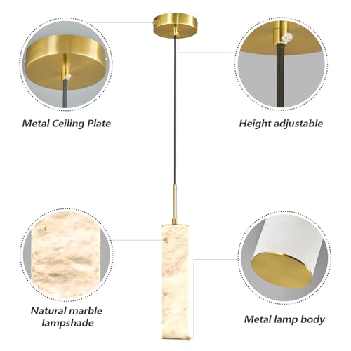 Natural Alabaster Pendant Lights for Kitchen Island White Marble Long Tube Chandelier Modern 4000K Gold Ceiling Light Fixtures for Bedroom Dining Room Table Living Room Hallway (2 Count)