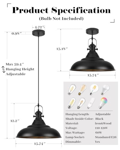16 Inch Black Pendant Light