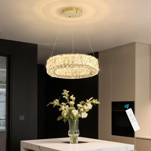Modern Chandelier for Dining Room Dimmable LED Pendant Lights for Kitchen Island Lighting Gold Ring Crystal Chandeliers for Bedroom Entrance Living Room
