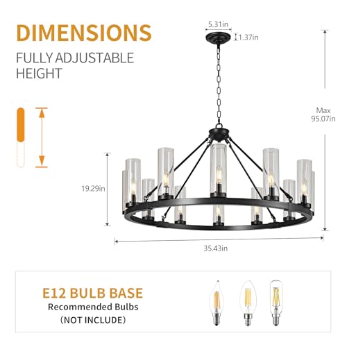 12 Light Black Chandelier Wagon Wheel Chandelier with Clear Glass Shade Round Industrial Pendant Lighting Fixture for Stair Living Room Foyer Kitchen