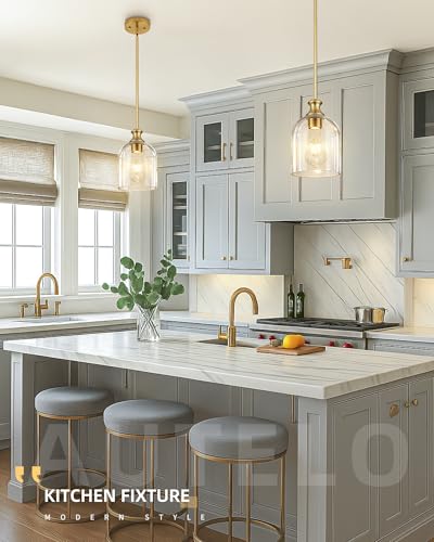2 Pack Modern Gold Pendant Lights Kitchen Island Cylinder Glass (2 Count)