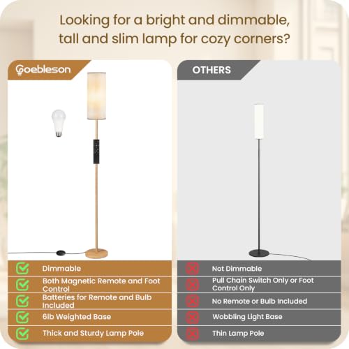 Wooden Textured Tall Slim Floor Lamp for Living Room with Remote and Foot Switch
