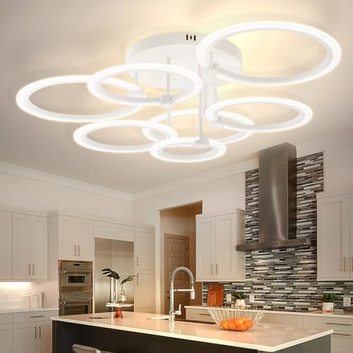 Modern LED Ceiling Light Dimmable Ceiling Light Fixtures with Remote 7 Rings White Close to Ceiling Lights 31.8" 130W 3000K