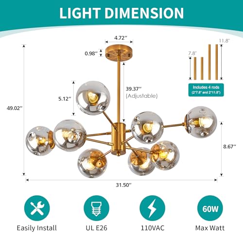 Gold Sputnik Chandeliers for Dining Room Modern Glass Globe Light Fixture