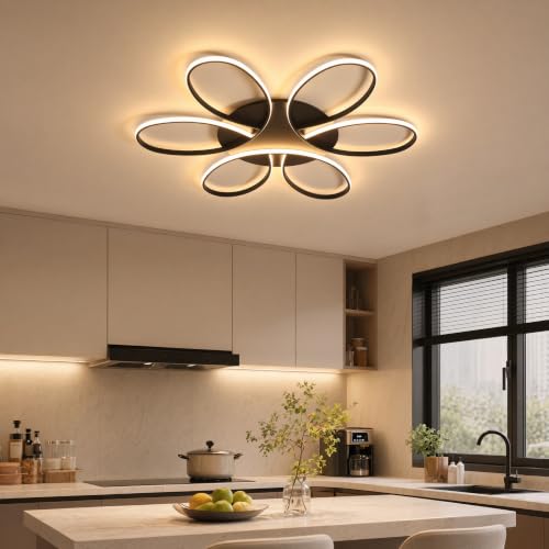 Modern LED Ceiling Light Fixture Black Flush Mount Ceiling Lamp with Remote Control Dimmable Rings Flower Shaped Ideal for Living Room Suite Bedroom Leisure Study Room Kitchen