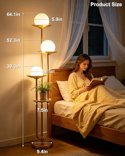 3 Light Globe Floor Lamp with Shelf Modern Dimmable Floor Lamps for Reading (3 Count)