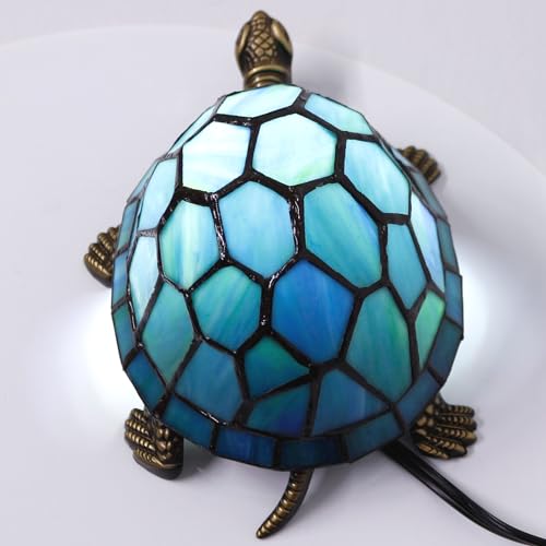 Tiffany Tortoise Lamp Small Stained Glass 8X5X4 Inch Blue Green