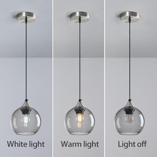 Light Grey Glass Pendant Lights Kitchen Island Globe Pendant Light Fixtures Modern Pendant Lighting for Bedroom Living Dining Room Light Fixture (2 Count)