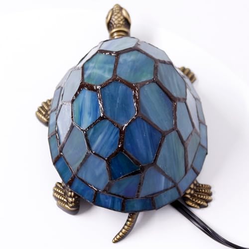 Tiffany Tortoise Lamp Small Stained Glass 8X5X4 Inch Blue Green