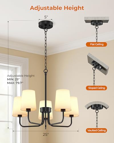 Chandelier, 5-Light Black Farmhouse Chandeliers for Dining Room, Height Adjustable Dining Room Light Fixture with White Fabric Shade, Chandelier for Living Room, Bedroom, Kitchen, Entryway