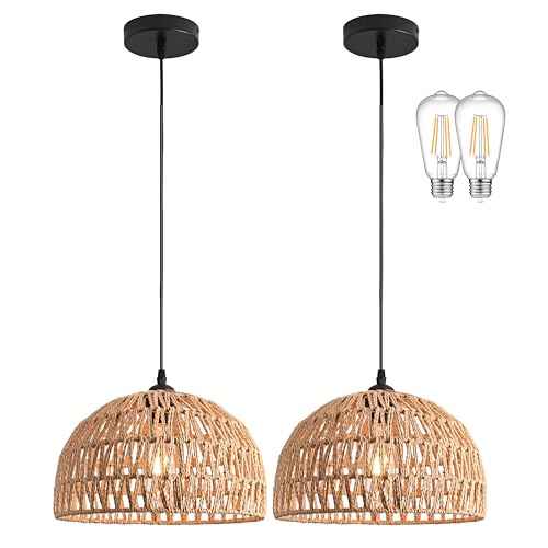 2 Pack Hemp Rope Woven Pendant Light Woven Light Fixture Boho Chandelier Light Fixture Wicker Pendant Lights Rattan Dome Wicker Chandelier for Dining Room Kitchen Island