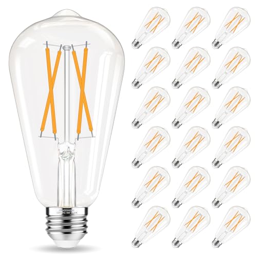 E26 Bulb, Non-Dimmable Edison Bulbs 60 watt LED, 2700K Warm White, ST58 Vintage Light Bulbs, 90+ CRI, E26 Medium Base, Clear Glass, 18 Pack (18 Count)