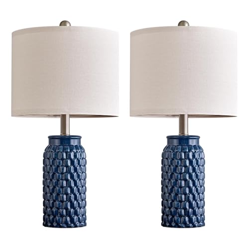 20.5 inches Modern Ceramic Dark Blue Bedside Lamp Set of 2 for Bedroom Decor Farmhouse Table Lamp for Living Room Office Dorm (2 Count)