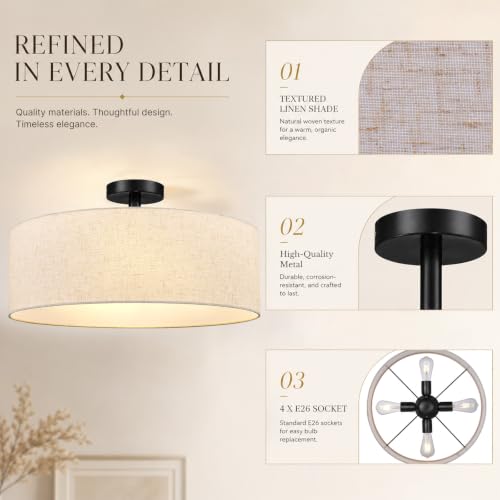 20 Inch Drum Semi Flush Mount Ceiling Light Fixture Black
