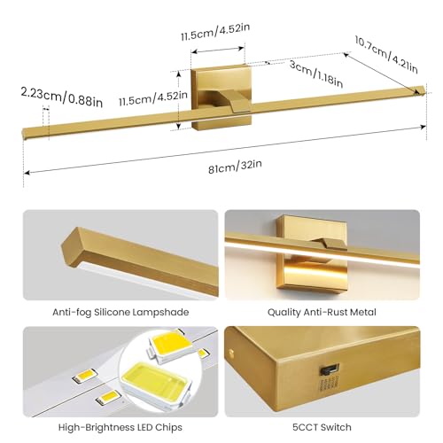 Gold Modern Bathroom Vanity Light 32 Inch 24W Dimmable 5CCT LED Bathroom Lighting Fixtures Over Mirror Brushed Gold Bar Vanity Lights for Bathroom Mirror Cabinets Bedroom