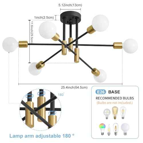 Modern Chandelier Ceiling Light Fixture, 6-Light Sputnik Dining Chandeliers 31.18"Gold&Black Chandelier Over Table, Mid Century Lights Fixture for Dining Room Living Room Kitchen Island(No Lampshade)