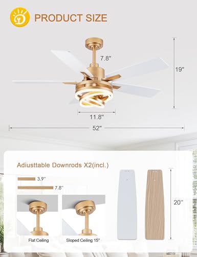 52" White and Gold Ceiling Fans with Lights Modern Chandelier Fan