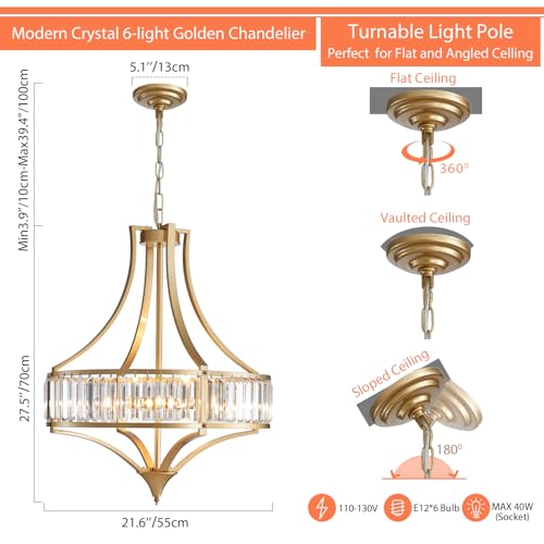 Crystal Chandeliers for Dining Room 21.6" Rustic Farmhouse Chandelier with Round Metal Shade 6
