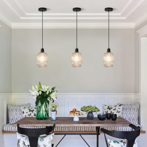 2 Pack Pendant Lights with Vintage Clear Ribbed Glass Lampshade (2 Count)