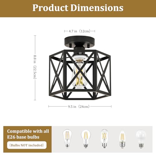 Modern Farmhouse Black Metal Semi Flush Mount Ceiling Light Fixture 9.5 in