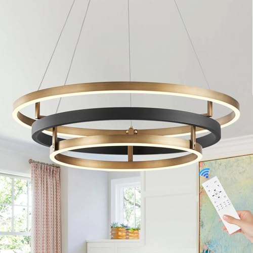 Modern LED Chandelier Black Gold Dimmable 3 Ring Pendant Light for Dining Room