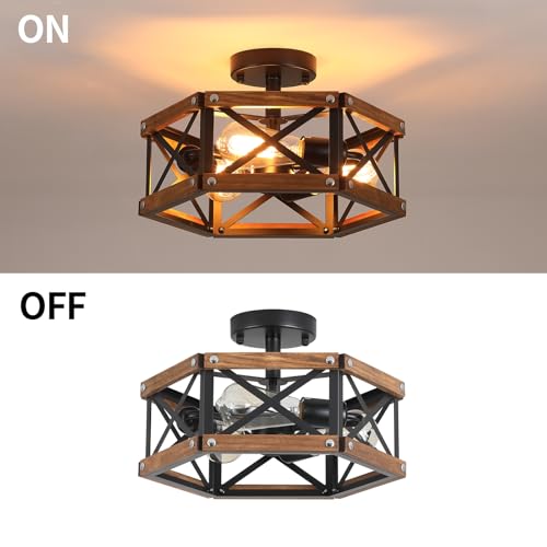 3 Light Rustic Farmhouse Wood Flush Mount Ceiling Light Fixture 14.5 inch Oak Wood and Metal Hexagon Cage Semi Flush Mount Ceiling Light for Hallway Hall Entry Bedroom Kitchen Farmhouse