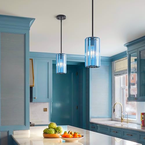 Modern Crystal Pendant Light Mini Light Blue Chandeliers Adjustable Pendant Lights Fixture for Kitchen Island Dinning Room Corridor Bedroom (3 Count)