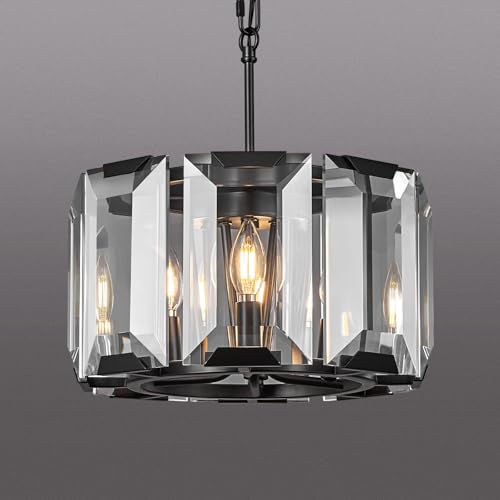 Black Modern Crystal Chandeliers Round Farmhouse Pendant Light Semi Flush Mount Ceiling Light Fixture for Bedroom Dining Room Kitchen Island Living Room Foyer Hallway