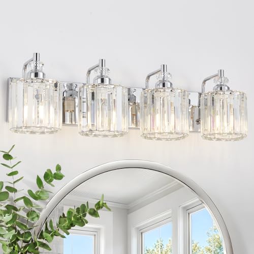 4 Light Modern Bathroom Light Fixture Chrome Bathroom Vanity Lights Over Mirror Wall Sconce Lighting with K9 Crystal Shades E26 Base for Bedroom