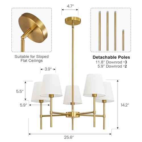 RUIYEY Dining Room Chandeliers Light - 5-Light Gold Modern Chandeliers Light Fixtures with White Fabric Shade, Height Adjustable Pendant Island Light for Entryway Farmhouse
