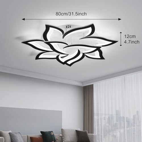 31.5" Black Flower Shaped Ceiling Light 10 Petals Dimmable Modern Ceiling Lamp Remote Control LED Lighting Fixture for Living Room Bedroom Dining Room