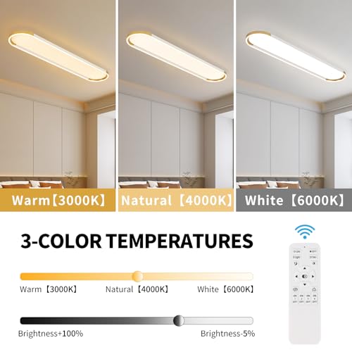 Modern LED Ceiling Light Dimmable Linear Ceiling Light 39.4in Semi Flush Mount Long Lights with Remote Control and Side Lighting for Living Room Kitchen Dining Room White & Gold